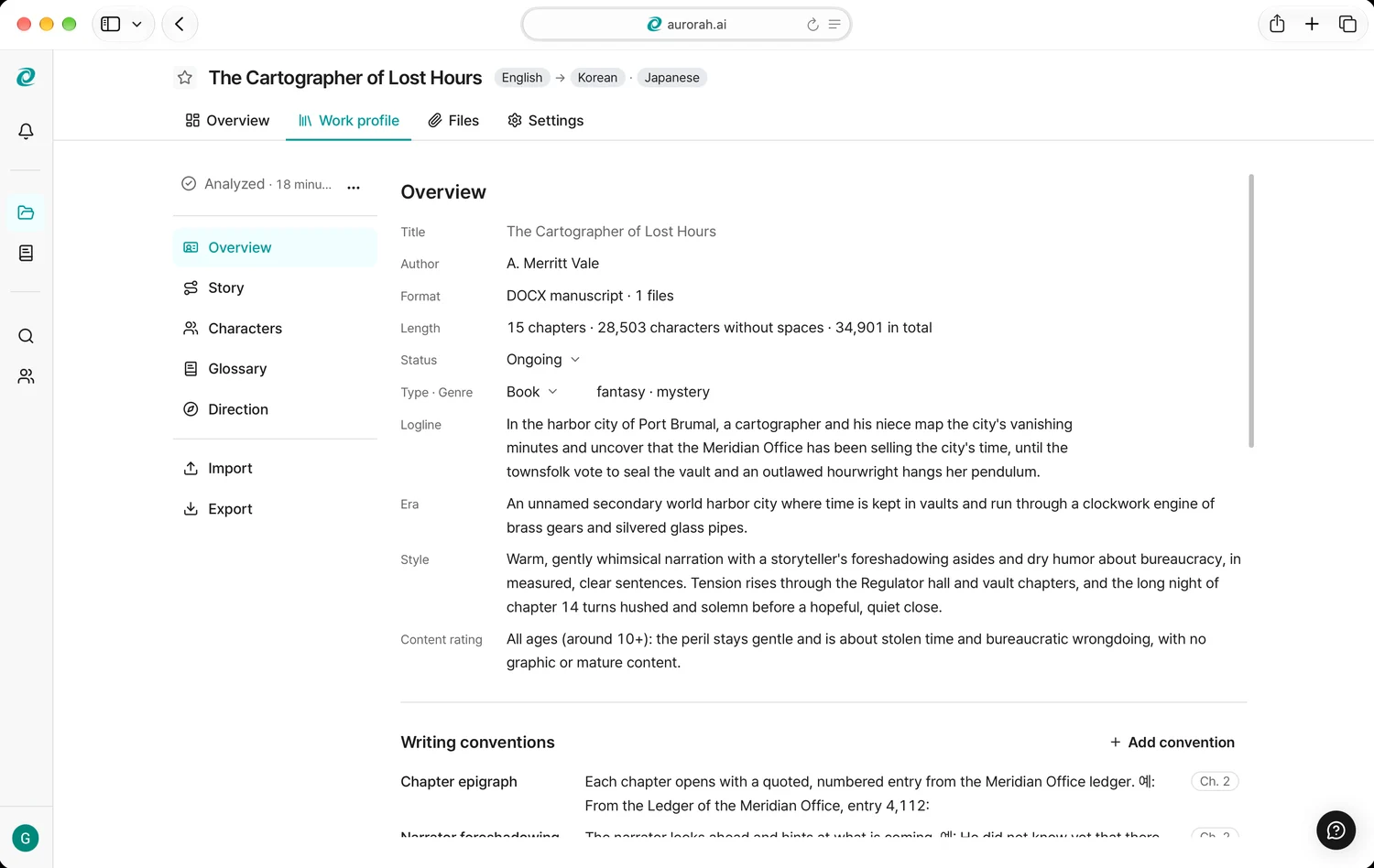 The Context tab: overview, story, characters, glossary and direction, extracted from the manuscript